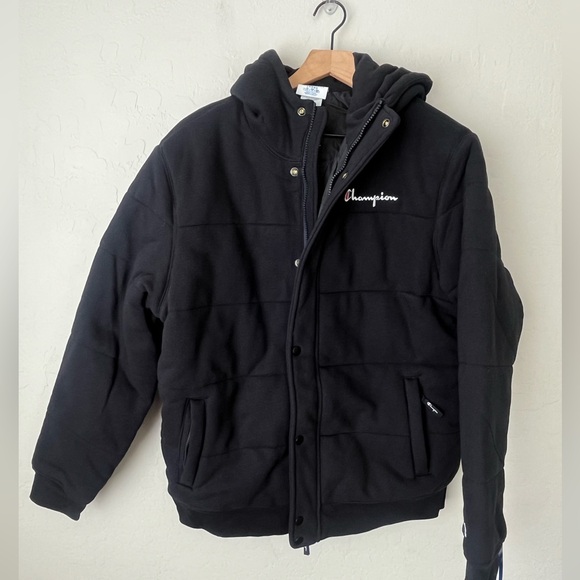 Champion Hooded Reverse Weave heavy weight puffer Jacket Black XL NWT - Picture 7 of 15